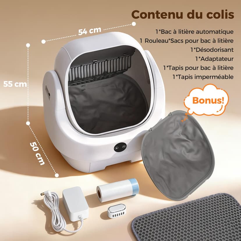 Self Cleaning Cat Litter Tray Open Top, Odor Control, Ready to Use, Automatic Litter Box, Large Capacity with APP Control and Safety Sensor, Ellenpent, with Trash Bags/Litter Mat (White) - 9