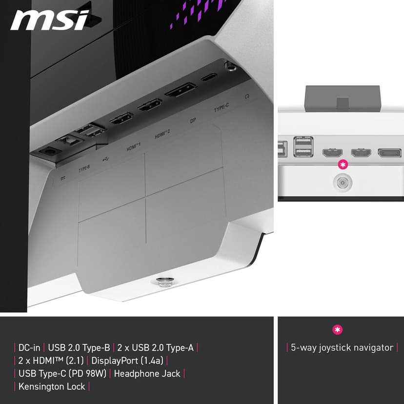 MSI MPG 274URDFW E16M Écran Gaming 27" 4K UHD - Dalle Rapid IPS 3840 x 2160, Dual-Mode 160 Hz / 320 Hz, 0,5 ms, DisplayHDR 1000, Mini-LED, HDMI 2.1, DP 1.4a, USB C (PD 98W), Blanc - 6