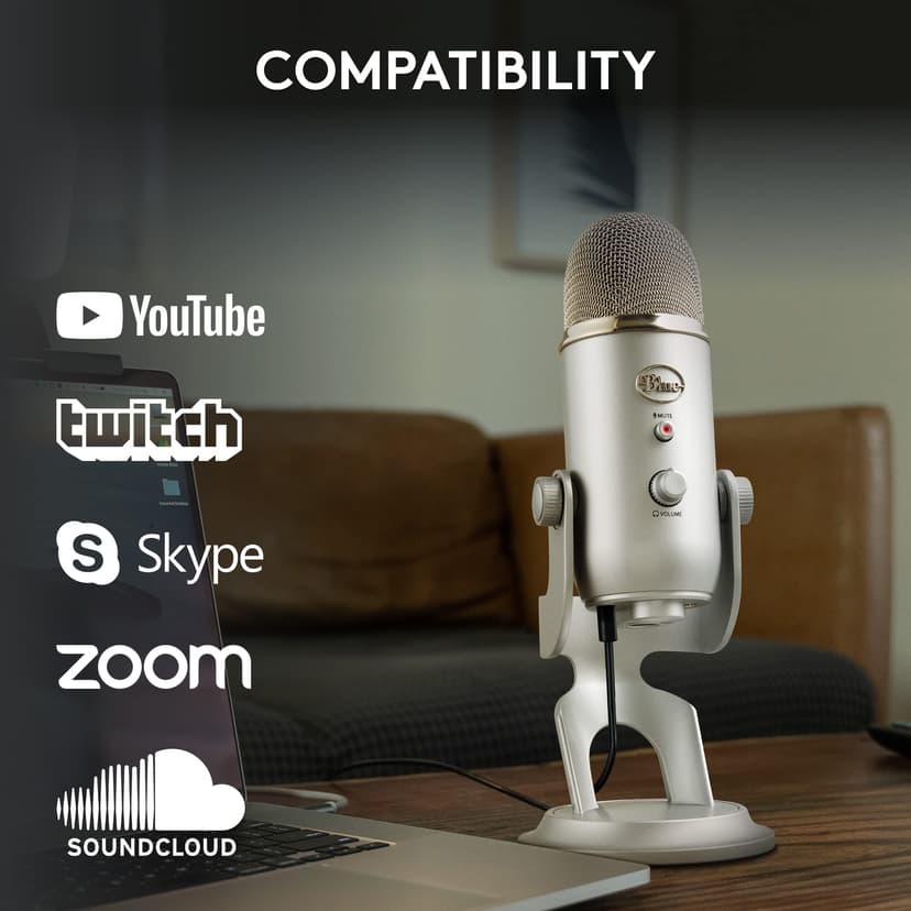 Logitech for Creators Blue Yeti USB Microphone for Recording, Streaming, Gaming, Podcasting on PC and Mac, Condenser Mic for Laptop or Computer with Blue VO!CE Effects, Adjustable Stand - Silver - 8