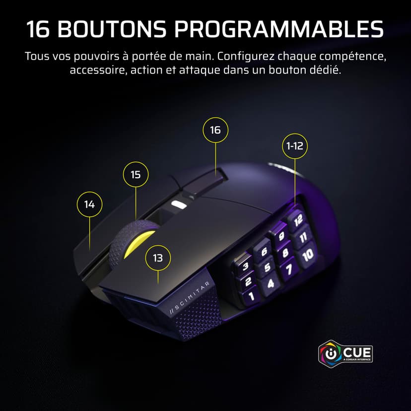 Corsair Scimitar Elite Wireless SE MMO Souris de Jeu – 33 000 DPI, 16 Boutons Programmables, Adjustable Key Slider™, Elgato Virtual Stream Deck, 1K Hyper-Polling, Jusqu'à 150h de Batterie – Gunmetal - 3