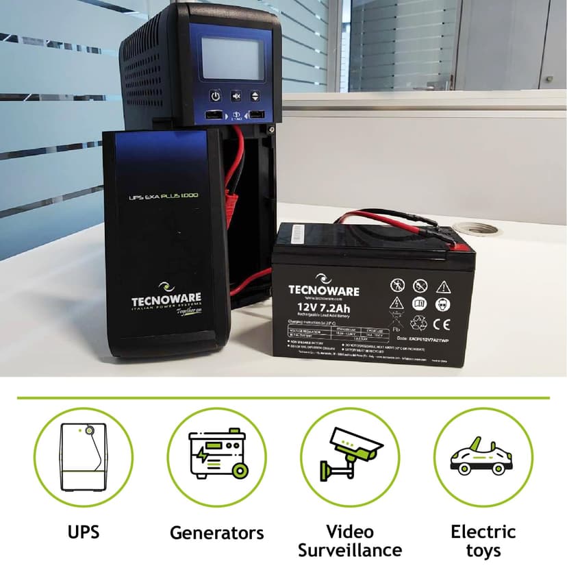 Tecnoware Power Systems - 12V Charge 7.2 Ah Lead-Acid Sealed Battery, for UPS, Video Surveillance and Alarm Systems, 2.5 Inch Faston Connection, Long Lasting, No Maintenance, Bianco, Size 7.2 Ah - 5