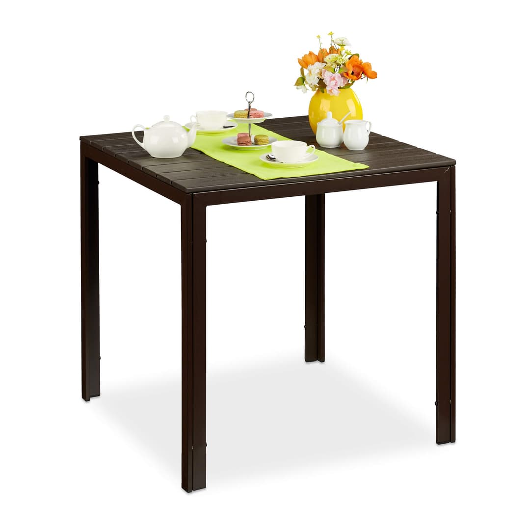 Relaxdays Table Jardin carrée à Manger, Effet Optique Bois, Jardin, Balcon, terrasse HlP 74,5x77,5x78cm, Table de Balcon