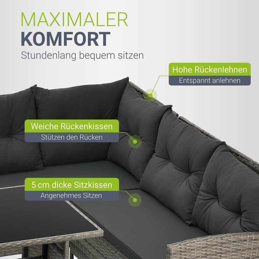Juskys Manacor Grey Mottled Polyrattan Lounge - Garden Lounge with Sofa, Table, 2 Stools and Cushions - Garden Furniture Set for up to 7 People - Seat Covers in Grey - 3