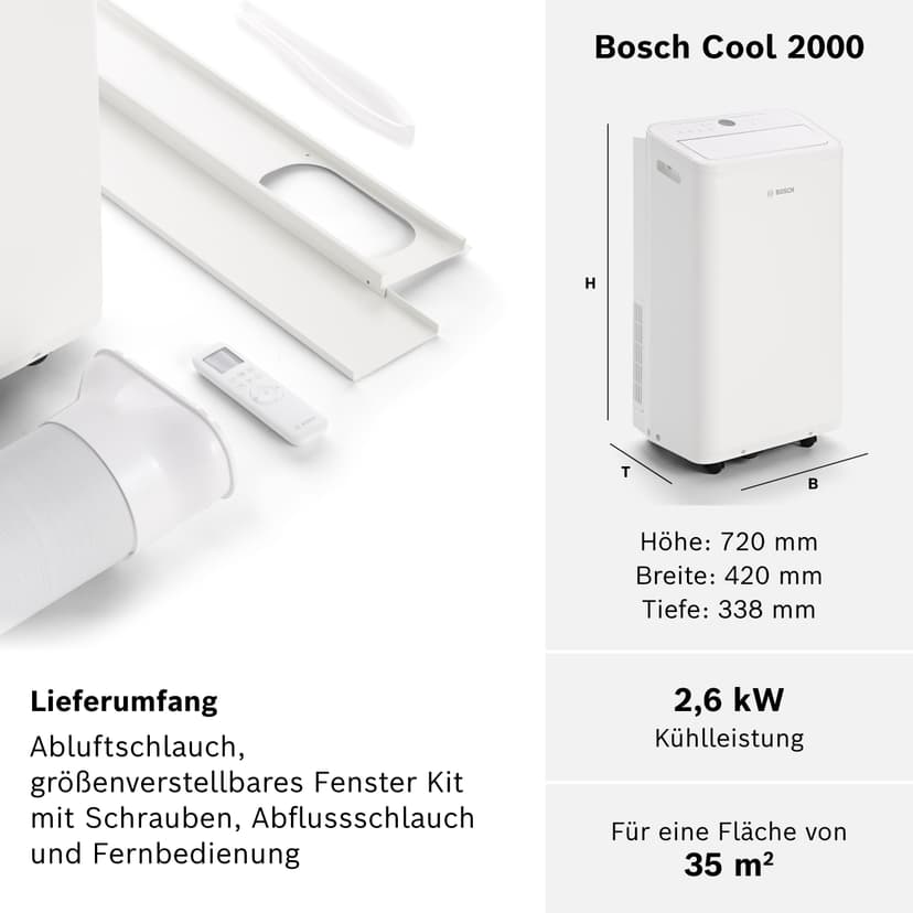 Bosch Cool 4000 Portable AC - 3-in-1: Air conditioning, dehumidifier, fan - 2.6 kW for rooms up to 35 m² - With automatic mode, silent mode & sleep mode (48 db (A)) [Energy class A+]. - 6