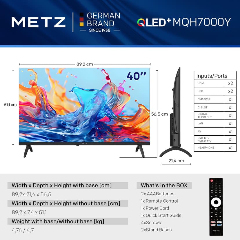 Metz 40 Pouces (100 cm) Smart TV FHD Google Television LED, Gen 6 QLED +, HDR 10 Dolby Audio Bluetooth 5,1 EyeCare Tuner DVB-T/T2/C/S/S2 CI+, 1.5GB RAM Amélioration (40MQH7000Y, 2026 Nouveau Modèle) - 4