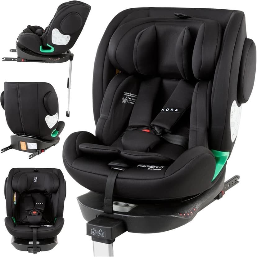 FableKids Siège enfant NORA noir | Siège auto i-Size pivotant à 360° 40-150 cm | Siège dos à la route avec ISOFIX et jambe de force | Appuie-tête et dossier réglables en hauteur | Certifié ECE R129/04 - 1