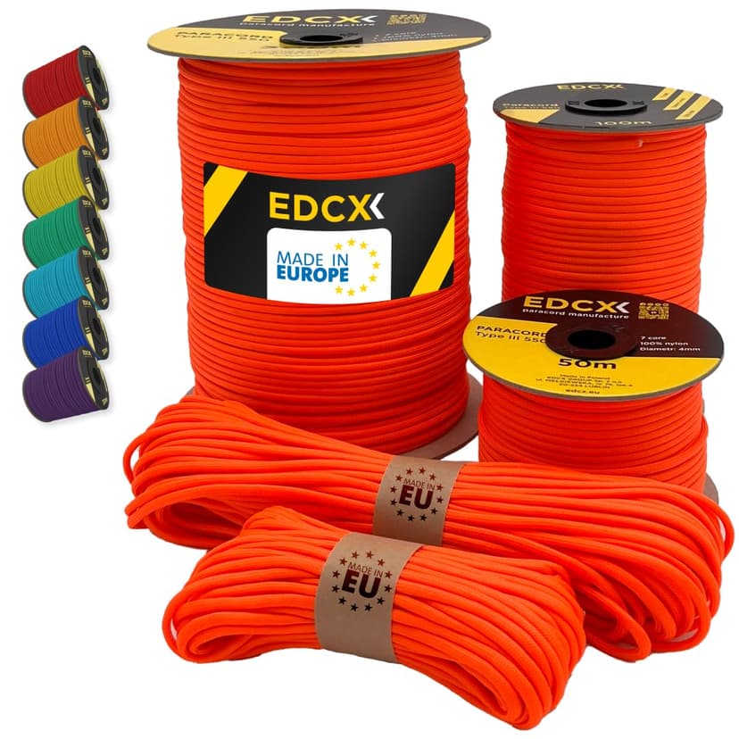 EdcX Paracord 4 mm, 35+ Couleurs Unies (10 m, 15 m, 30 m, 50 m, 100 m, 300 m) | Idéal pour l'artisanat, Le Camping, la Survie | Corde 100% Nylon 4 mm | Cordon 550 Type III (Sofit Orange, 50 m) - 1
