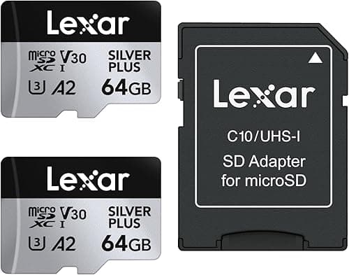 Lexar Silver Plus 64GB 2-Pack Micro SD Card up to 205 MB/s, MicroSDXC UHS-I Memory Card with Adapter, C10, U3, A2, V30, Full HD, 4K UHD, High Speed TF Card for Drone, Action Camera, Handheld Consoles