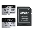 Lexar Silver Plus 64GB 2-Pack Micro SD Card up to 205 MB/s, MicroSDXC UHS-I Memory Card with Adapter, C10, U3, A2, V30, Full HD, 4K UHD, High Speed TF Card for Drone, Action Camera, Handheld Consoles - 1