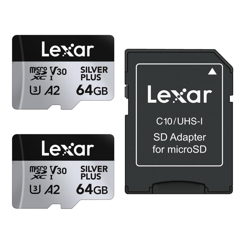 Lexar Silver Plus 64GB 2-Pack Micro SD Card up to 205 MB/s, MicroSDXC UHS-I Memory Card with Adapter, C10, U3, A2, V30, Full HD, 4K UHD, High Speed TF Card for Drone, Action Camera, Handheld Consoles - 1