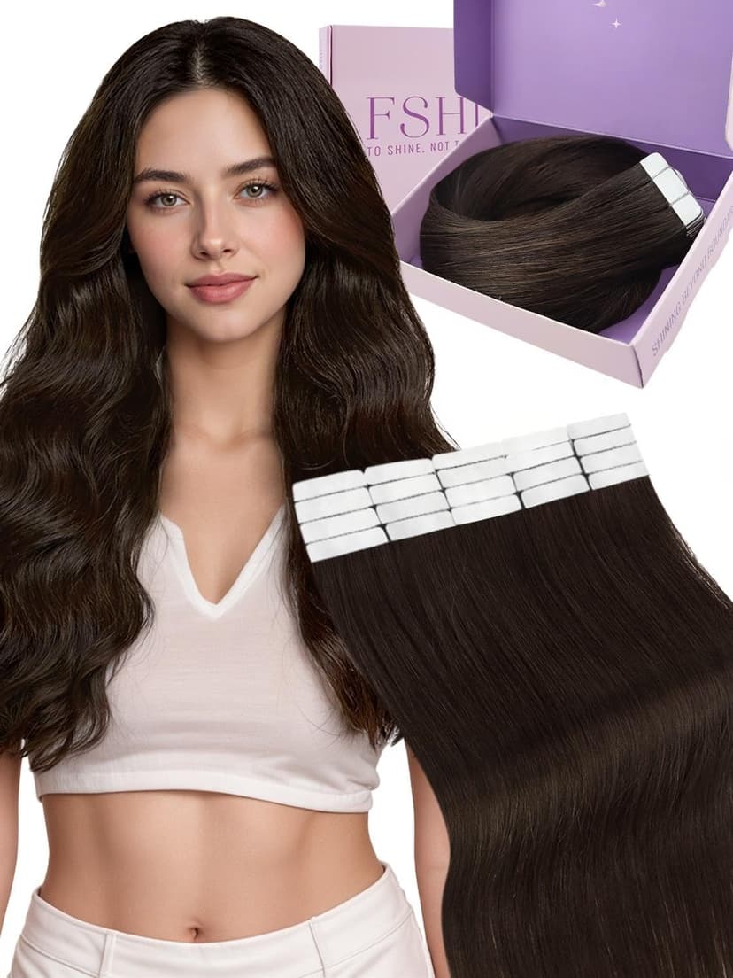 Fshine Tape in Hair Extension Real Human Hair Dark Brown 20 Inch 50g 20Pcs Glue in Hair Extensions Invisible Double Sided Tape Extensions Color 2 - 1