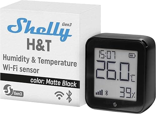 Shelly H&T Gen3 Noir - Capteur de température et d'humidité connecté, Thermomètre & Hygromètre intérieur/extérieur Wi-Fi, Écran eink, Horloge digitale, App iOS & Android