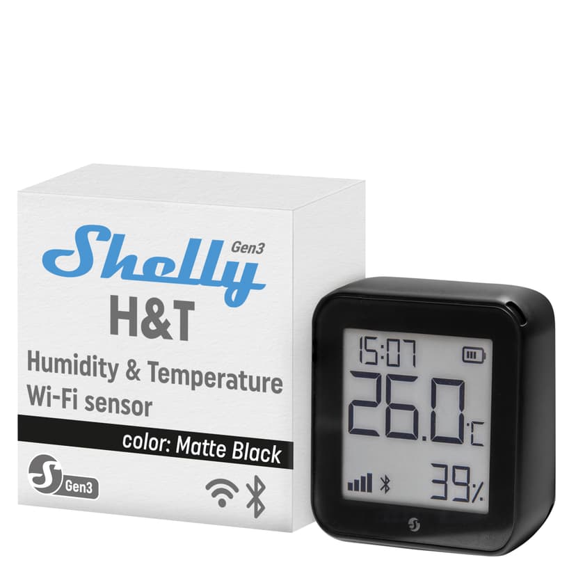 Shelly H&T Gen3 Noir - Capteur de température et d'humidité connecté, Thermomètre & Hygromètre intérieur/extérieur Wi-Fi, Écran eink, Horloge digitale, App iOS & Android - 1