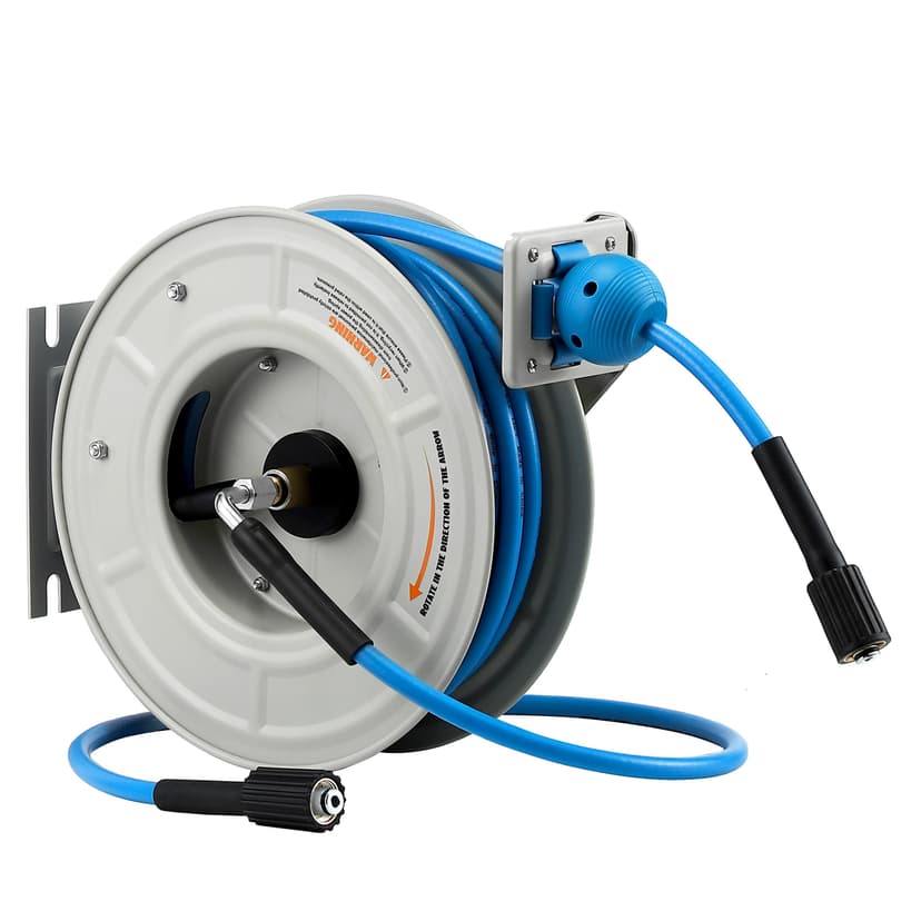 FIXFANS Pressure Washer Hose Reel with Hose, 1/4" x 60ft Retractable, Heavy Duty, Auto Rewind, Wall Mounted, 3600 PSI - 9