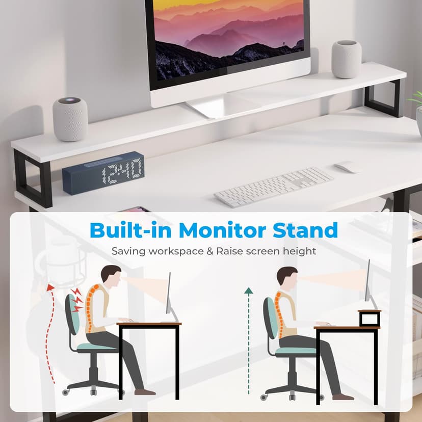 GreenForest Office Desk with Full Monitor Stand,100 cm Home Computer Desk with Reversible Storage Shelves,Small Study Desk with Headphone Hook and Cup Holder,White - 4