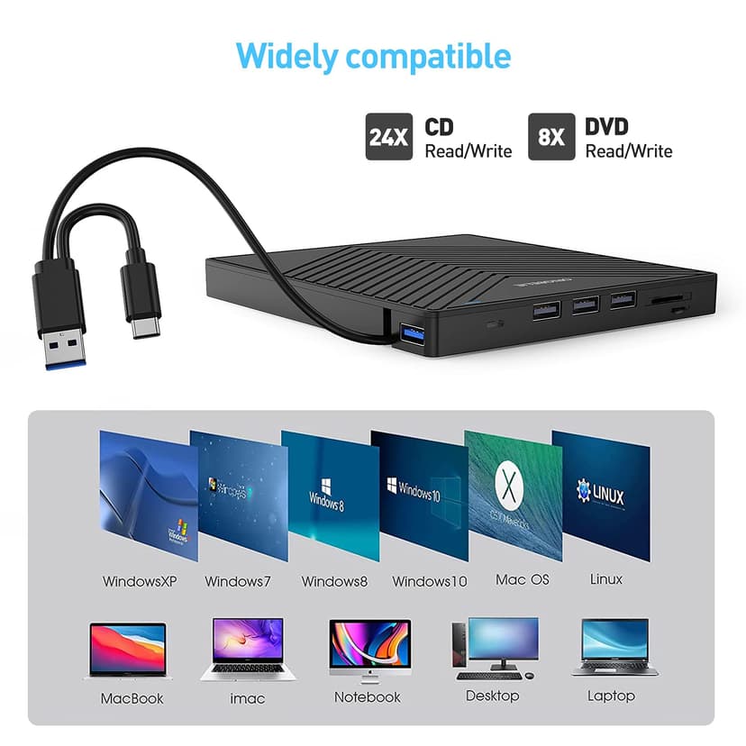 ORIGBELIE External CD DVD Drive, Ultra Slim CD Burner USB 3.0 with 4 USB Ports and 2 TF/SD Card Slots, Optical Disk Drive for Laptop Mac, PC Windows 11/10/8/7 Linux OS - 5