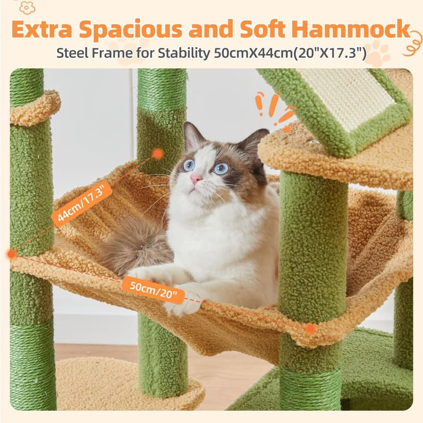 Taoqimiao Cat Tree, 180cm Cat Tower for Indoor Cats Large Cats, Multi-level Cat Climbing Tower, 8 Sisal Scratching Posts, Metal Frame Cozy Hammock, Scratch Board, 2 Top Perches, Green MSC026L - 3