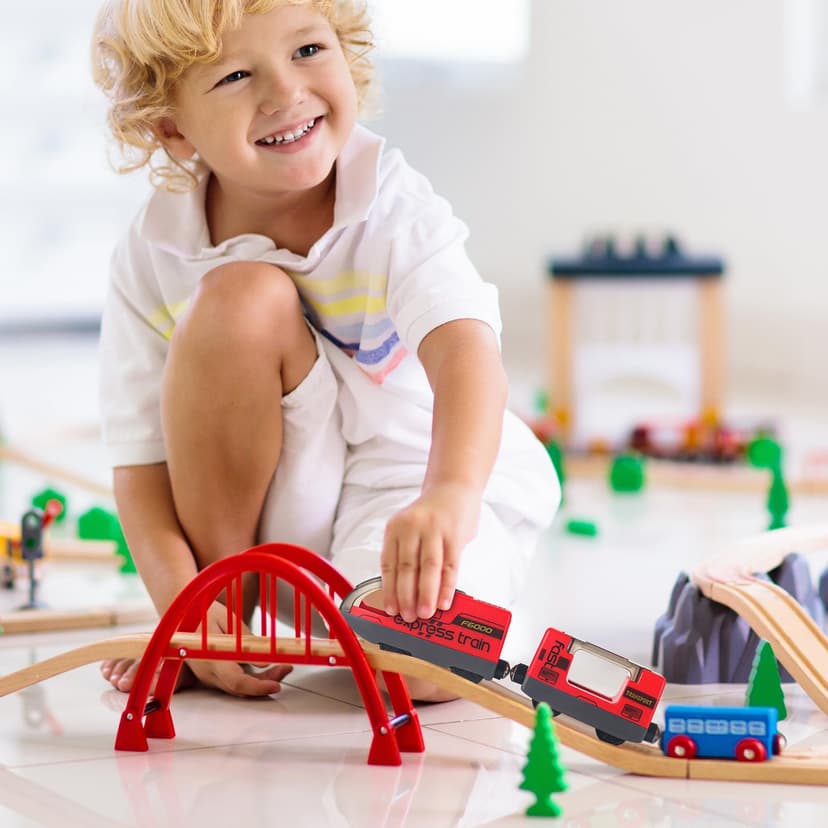 Electric Remote Trains Toy for Wooden Track, Remote Control & Motorized Train with 4 Sound and Light Effects for Kids 3 4 5+ Years Old Boys Girls, Compatible with Thomas,Brio,Chuggington-Red - 6