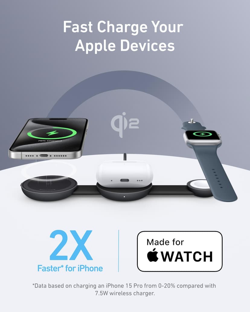 Anker MagSafe Compatible 3-in-1 Wireless Charging Station, Qi2 Certified 15W MagGo Charger, Foldable Travel Wireless Charging Pad for iPhone 17/16/15/14 Series, AirPods, Apple Watch (Not a Power Bank) - 3