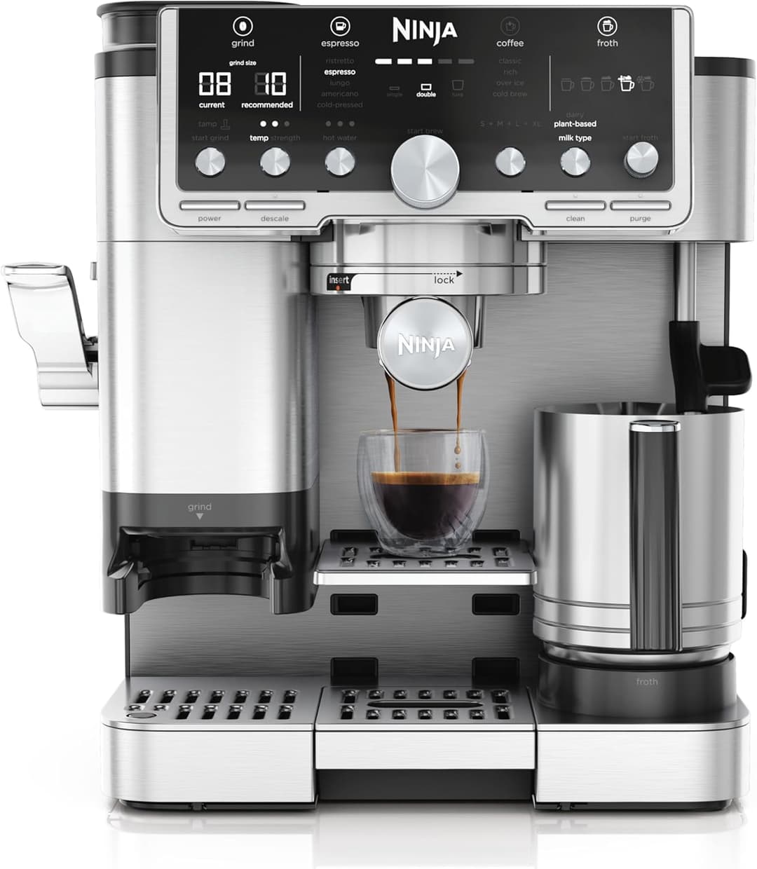 Ninja Luxury Pro 3-in-1 Coffee Maker, Latte, Cappuccino, Cold Brew & Espresso Maker, Built-in Bean Grinder & Milk Frother, Easy to Use, 5 Automatic Frothing Settings, Silver, ES701EU
