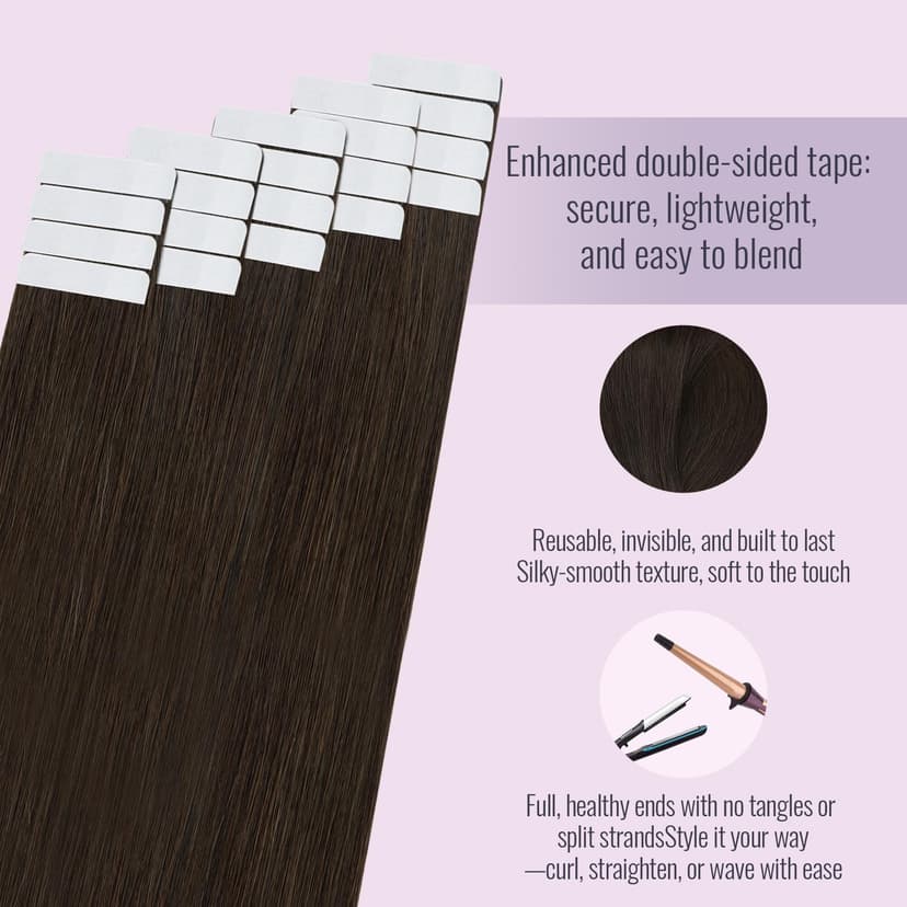 Fshine Tape in Hair Extension Real Human Hair Dark Brown 20 Inch 50g 20Pcs Glue in Hair Extensions Invisible Double Sided Tape Extensions Color 2 - 3