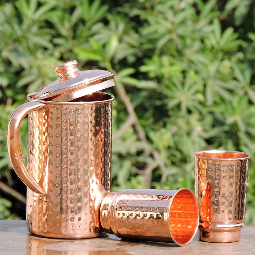 Pure Copper Ayurveda Pitcher and Tumbler Set - Hammered Design Jug with 2 Tumbers - 5