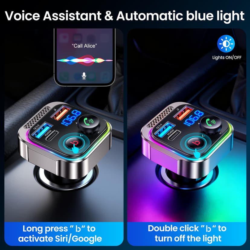 GizmoVine Bluetooth 5.4 FM Transmitter Car Adapter 63W (PD 45W & 18W) [Light Switch] [HiFi Bass Sound] [Fast Charging] Wireless Radio Music Adapter LED Display Zinc Alloy Hands-Free Calling Support - 6