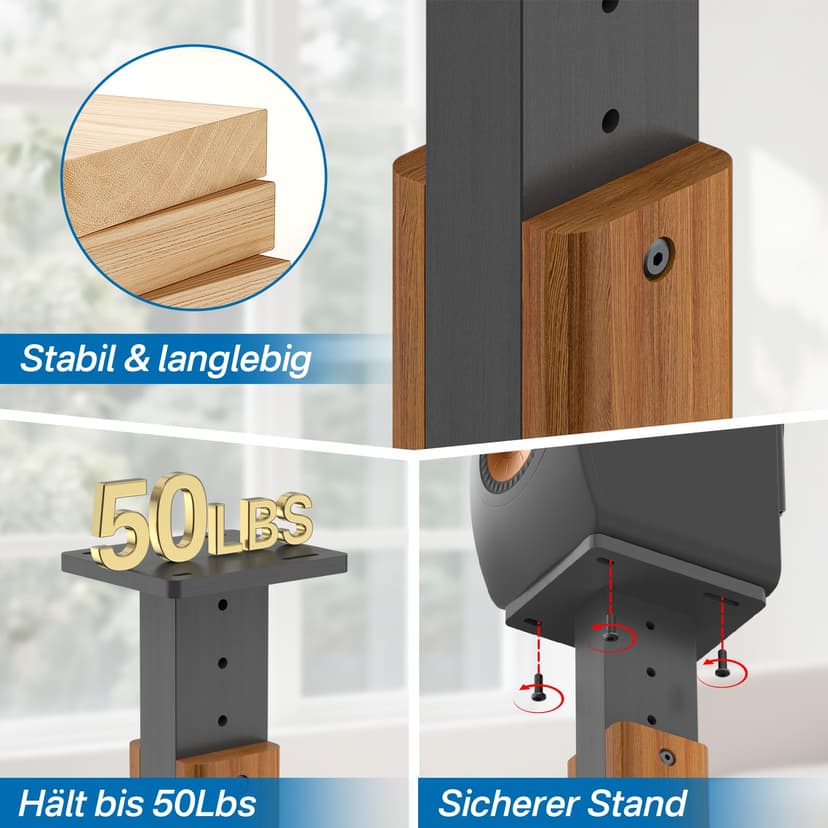 Paire de Supports d'enceintes réglables en Hauteur pour KEF LS50 Meta - Socle de Sol renforcé Finition Bois pour KEF LS50 Meta et LS50 Wireless II - Capacité de Charge : 22,7 kg (50 lbs) - 5