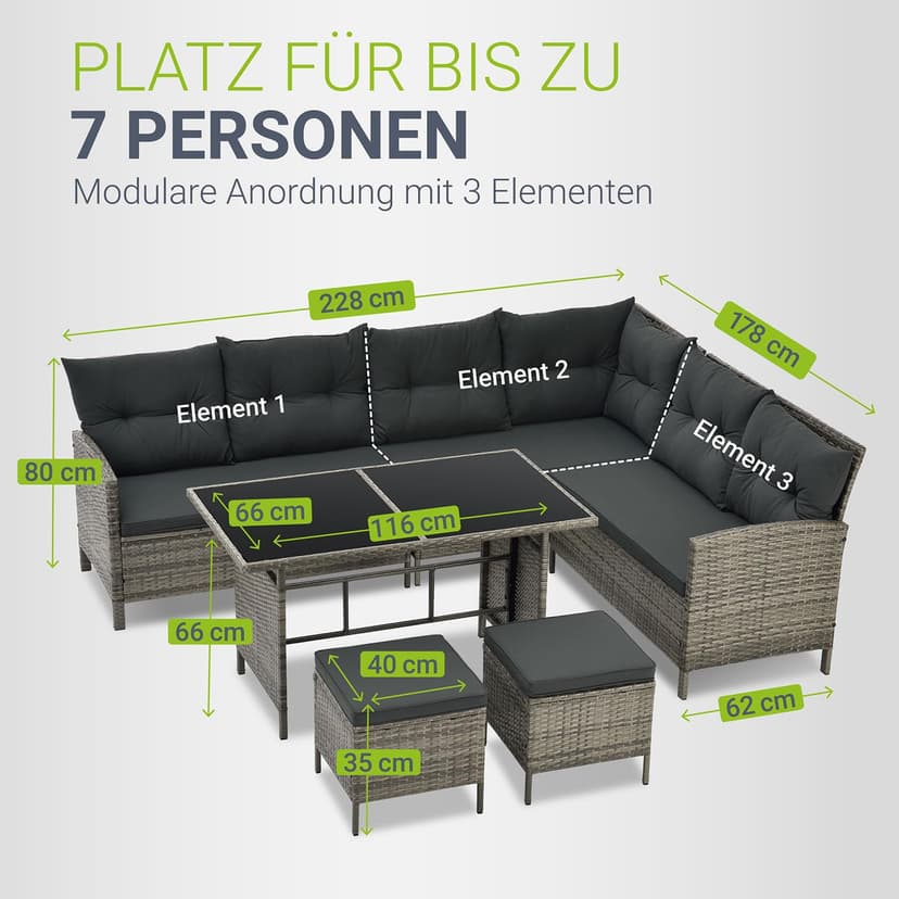 Juskys Manacor Grey Mottled Polyrattan Lounge - Garden Lounge with Sofa, Table, 2 Stools and Cushions - Garden Furniture Set for up to 7 People - Seat Covers in Grey - 4