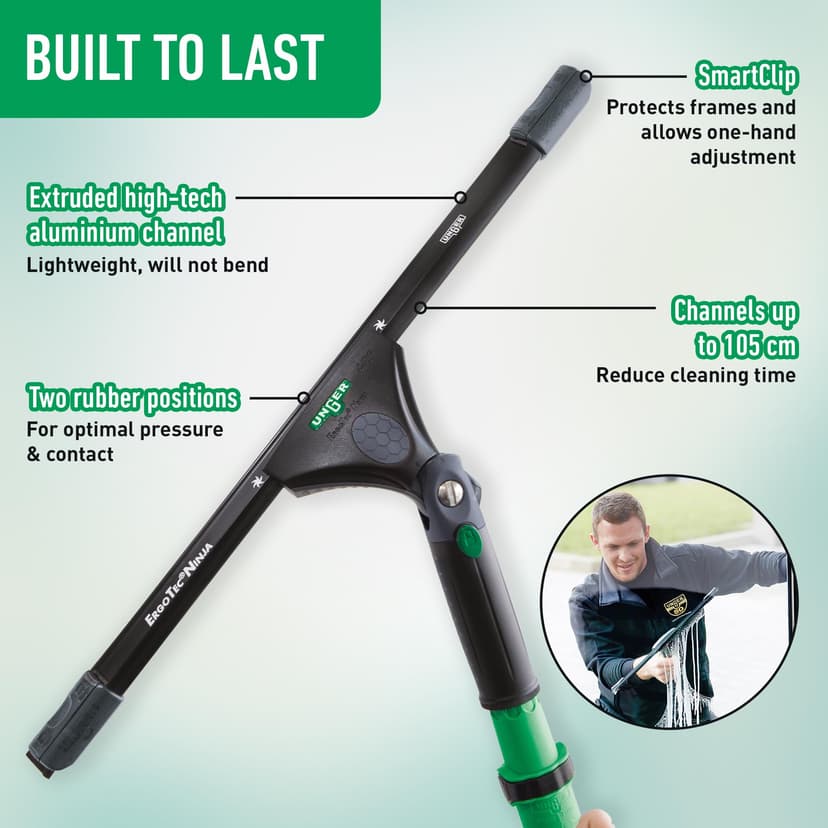 Unger ErgoTec NINJA Window Squeegee 45cm – 40° Aluminium Channel, Soft Rubber Blade & Ergonomic Handle – Professional Window Cleaning Equipment, Black - 7