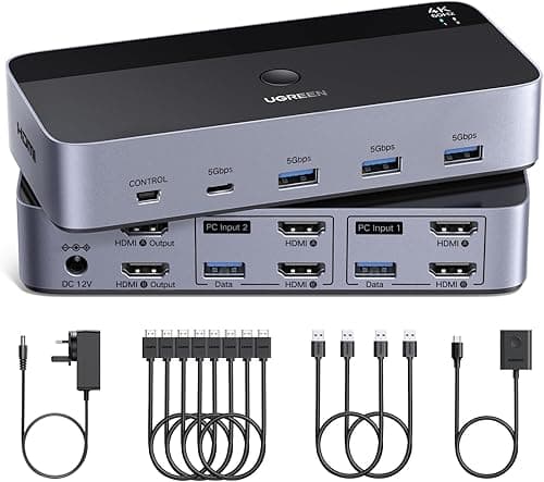 UGREEN HDMI KVM Switch 2 Monitors 2 Computers Support 4K@60Hz, 4 Port USB3.0 KVM Switches for 2 Computers Share Keyboard/Mouse/Hard Drives and 2 Monitor, KVM with 2 USB Cables and 4 HDMI Cable