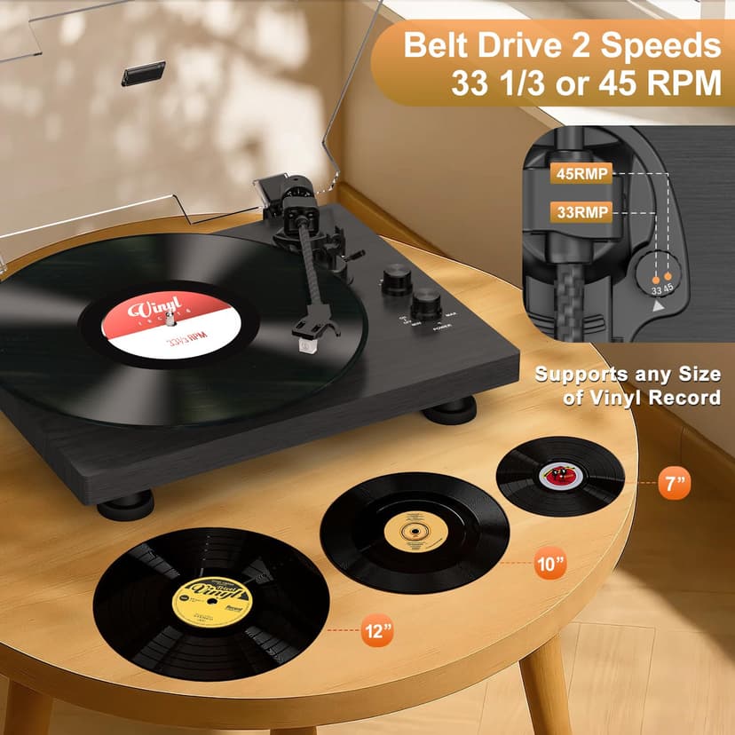 Trynnay Giradischi, Lettore con Contrappeso Regolabile, Bluetooth In/Out, 33/45 RPM, Riproduce Dischi in Vinile da 7/10/12 Pollici, Suono Hi-Fi per gli Appassionati di Musica, Nero - 3