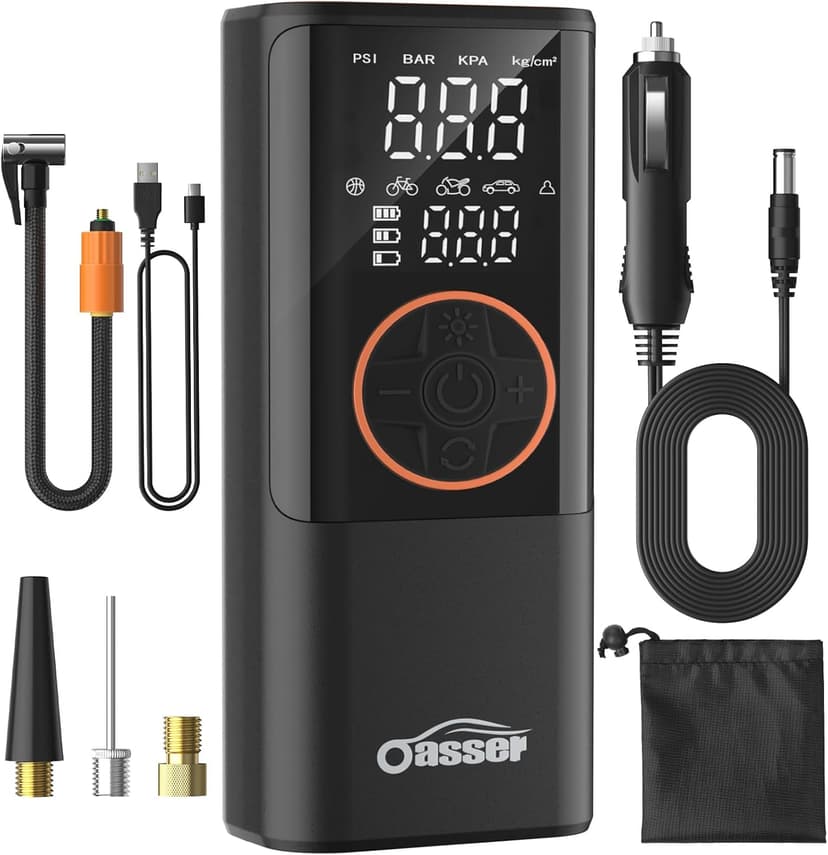 Oasser Tyre Inflator Air Compressor Bike Pump Car Tires 150PSI, 6000mAh & DC 3M Car Cigarette Lighter Portable Car Tyre Pumpwith Dual Display, Auto Shut-Off,Storage Bag for Cars, Motorcycle,Bike - 1