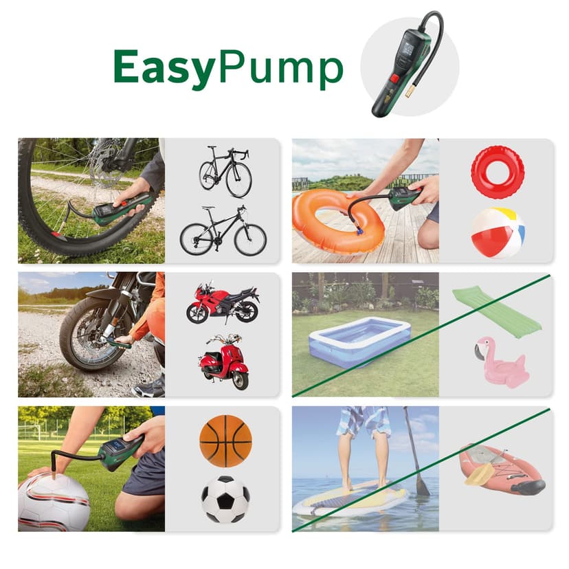 Bosch Electric Bike Pump/Air Pump/Mini Compressor EasyPump (3.0 Ah battery; 3.6 Volt; Autostop function; 150 PSI; 10.3 bar; LED; recharge via USB-C cable, 3x Adapter; Quick Connect Plug, Bicycle Bag) - 3