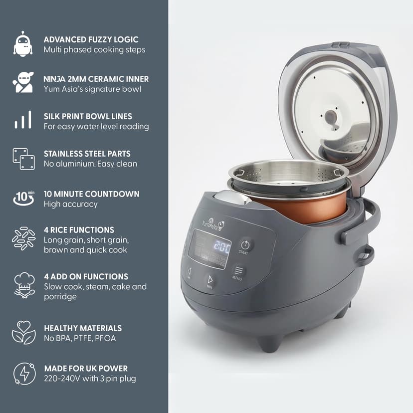 Yum Asia Panda Mini Rice Cooker With Ninja Ceramic Bowl and Advanced Fuzzy Logic (3.5 cup, 0.63 litre) 4 Rice Cooking Functions, 4 Multicooker functions, LED display, 220-240V (Cobalt Grey) - 3
