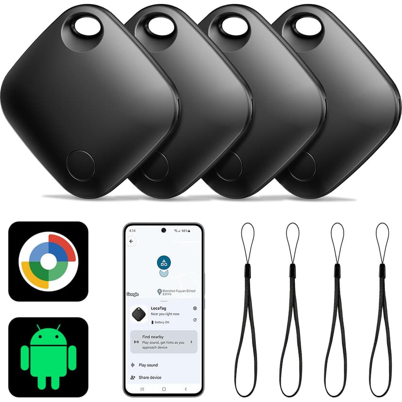 Android Smart Tag, Tracker Compatible with Google's Find Hub (Android Only), IP68 Waterproof, Bluetooth Locator for Keys/Luggage/Wallets, 4 Black - 1
