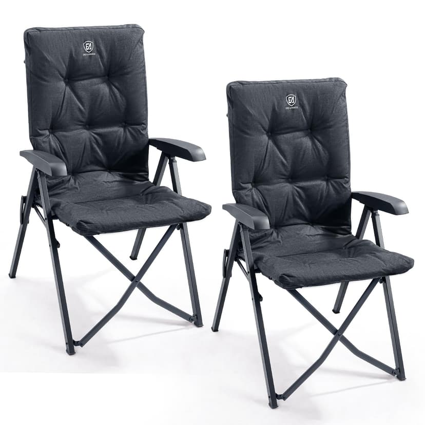 EVER ADVANCED Luxury Camping Chairs 2 Set for Adults Heavy Duty High Back Oversized Folding Garden Chair Comfy Padded 6cm Loadable 150kg Cam Adjustable Dining Chairs 4-Position Recliner Chair Black - 1