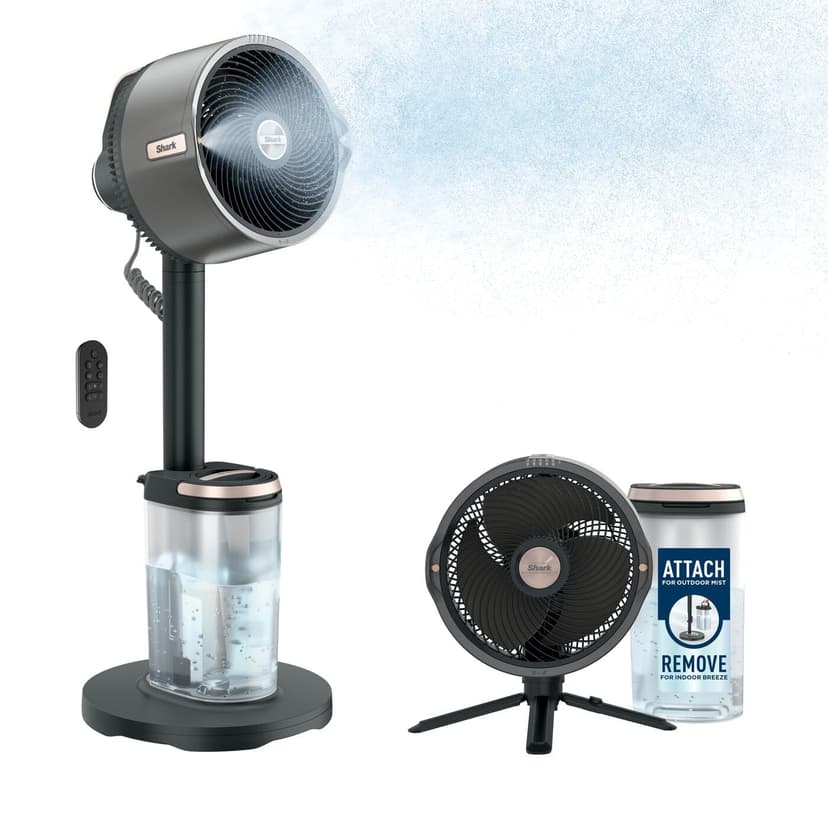 Shark FlexBreeze Pro Mist Ventilateur intérieur/extérieur sans fil, Brumisateur portable, Portée 20 m, Sur pied ou de table, 5 vitesses, Silencieux, Télécommande, Gris Charbon FA300EU - 1