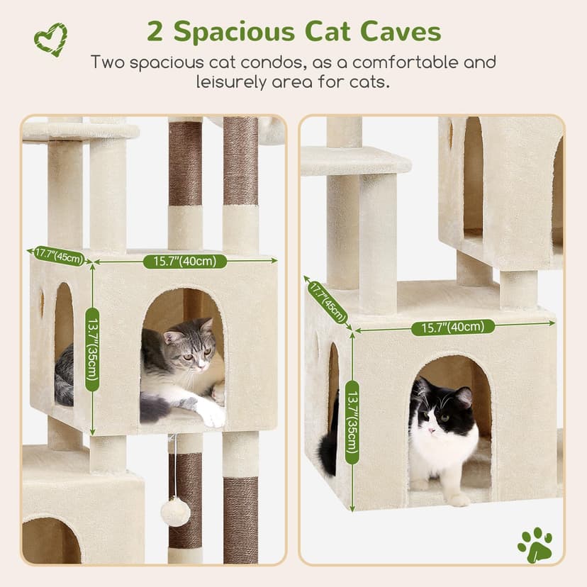 Globlazer Beige Scratching Post for Adult Cats Stable with Large Base 72 x 45 cm, 2 Cave, Padded Platform, Basket, Scratching Post 156 cm High for Cat Resting Play Indoor (F61, Beige) - 3