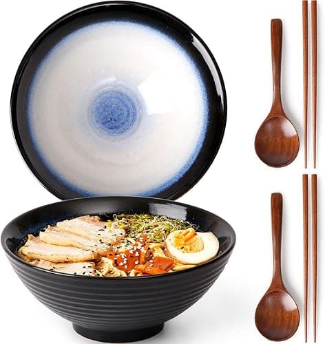 NUTRIUPS 1200ml Ceramic Ramen Bowl Set of 2 Noodle Bowls with Chopsticks and Spoons (Agate Red)