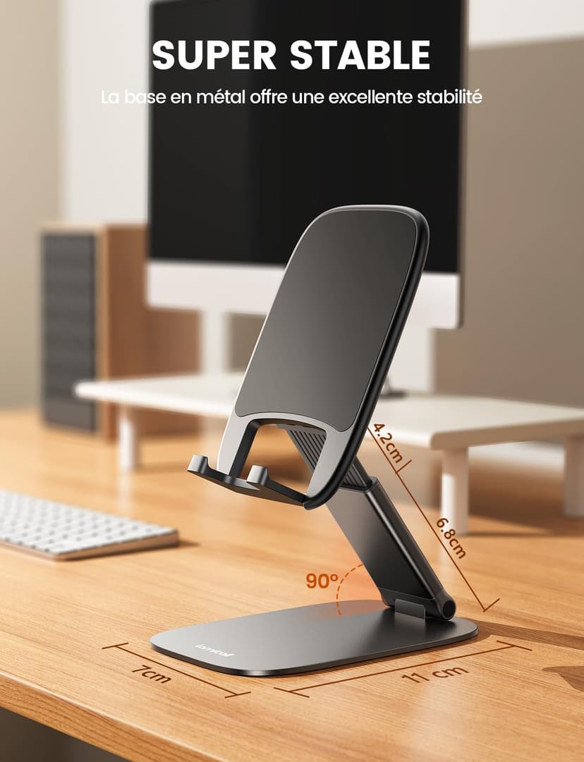 Lamicall Support Téléphone Bureau Pliable - [15mm Ultrafin] Base Métallique, Hauteur & Angle Réglables, Support Téléphone Universel pour iPhone 17/16/15/14/13/12 Pro Max, Samsung et Autres Smartphones - 5