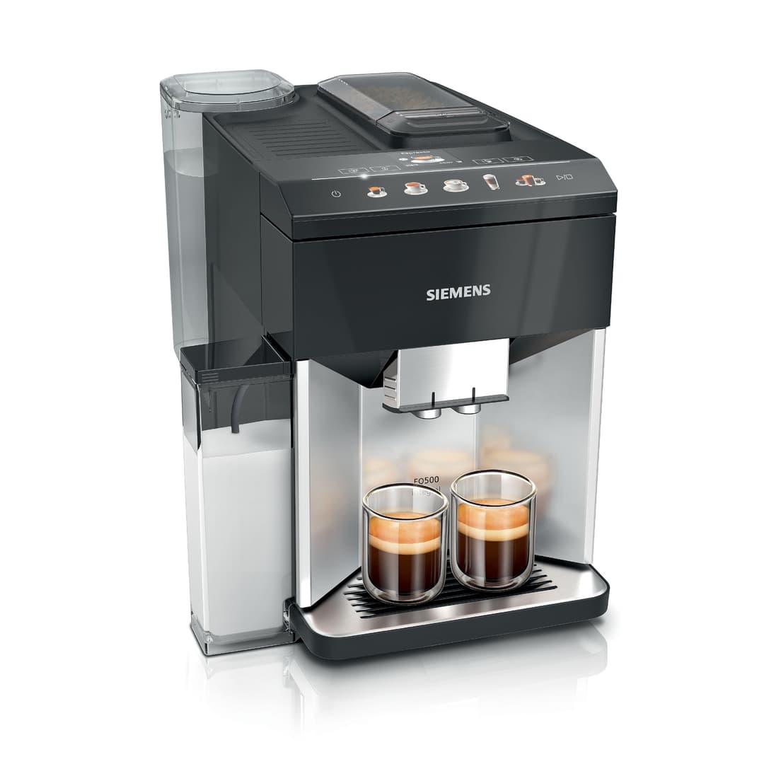 Siemens Fully Automatic Coffee Machine, EQ500 Integral, 10 Specialities, 2 Cups Simultaneously, Water Tank 1.9 L, Includes Brita Water Filter, Daylight Silver/Piano Lacquer Black