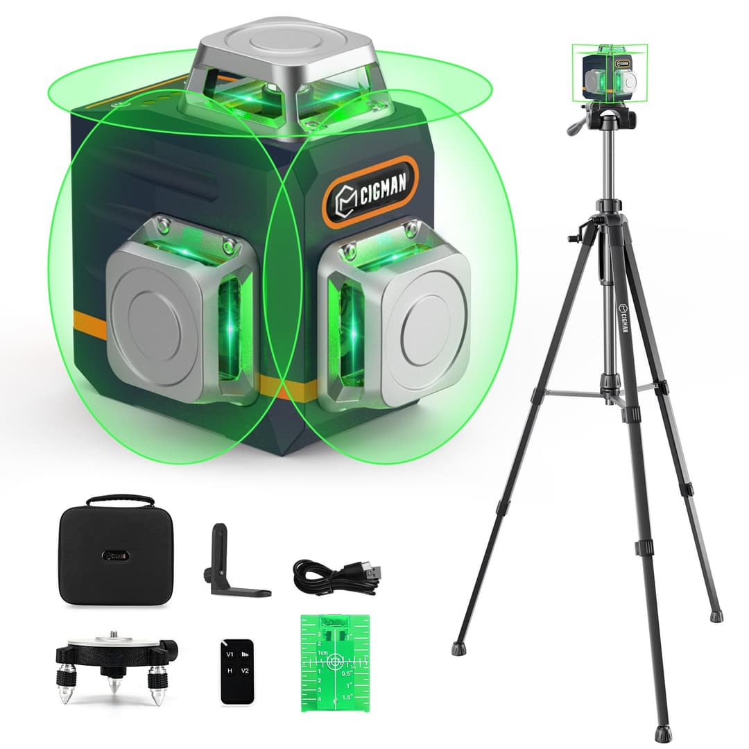 Niveau laser vert 3x360° CIGMAN CM701T avec trépied réglable (28-48"), batterie rechargeable 4000mAh, portée 30m/50m, 3 modes de travail, 4 niveaux de brillance, avec accessoires complets