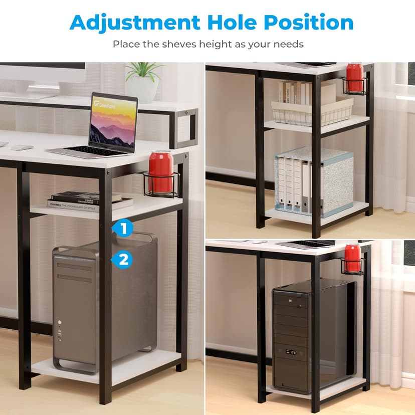 GreenForest Office Desk with Full Monitor Stand,100 cm Home Computer Desk with Reversible Storage Shelves,Small Study Desk with Headphone Hook and Cup Holder,White - 5