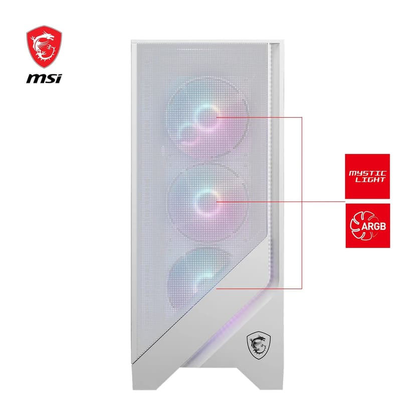 MSI MAG Forge 320R Airflow White Boîtier PC Moyen Tour - ATX, Compatible avec Les RTX 40, Ventilateurs ARGB, filtres à poussière magnétiques, Verre trempé, Hub de contrôle ARGB, USB Type-A 3.2 Gen 1 - 2