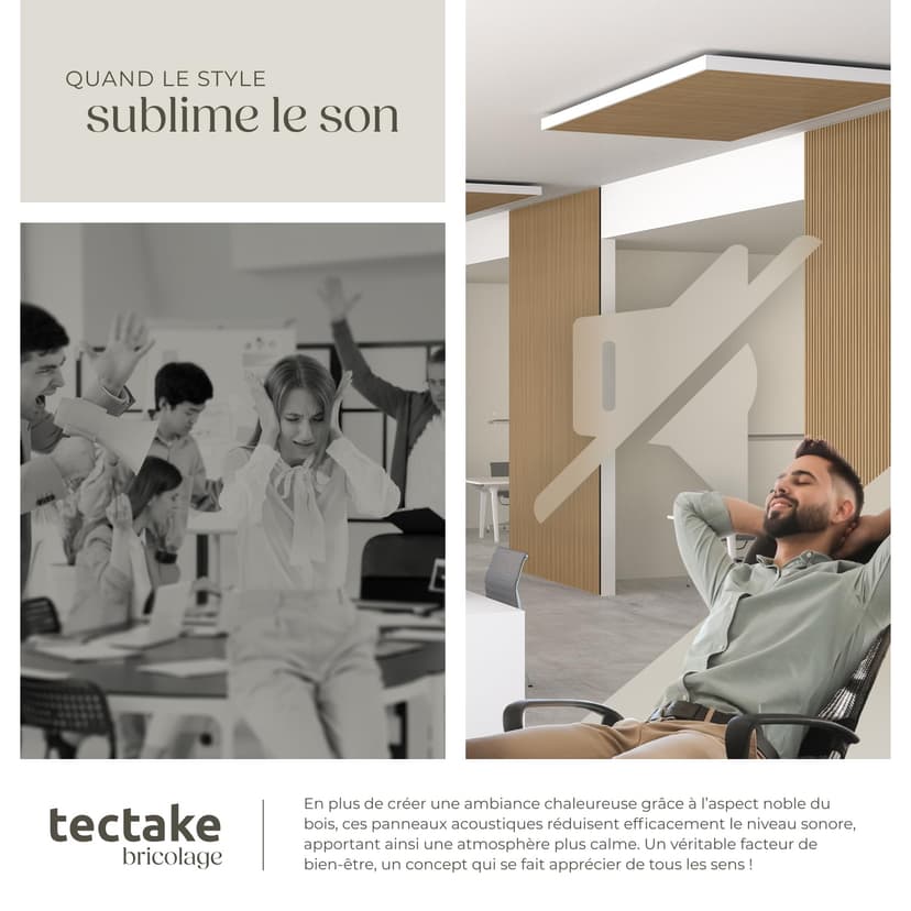 tectake® Lot de 2 panneaux acoustiques muraux et pour plafond, en Bois MDF, 120 x 60 x 2,1 cm par panneau mural decoratif pour isolation phonique Chambre, Bureau, Studio de musique Decoration murale - 5