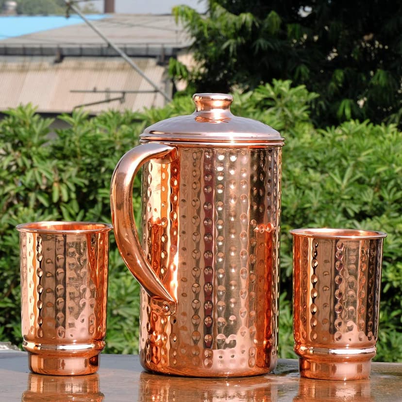 Pure Copper Ayurveda Pitcher and Tumbler Set - Hammered Design Jug with 2 Tumbers - 3