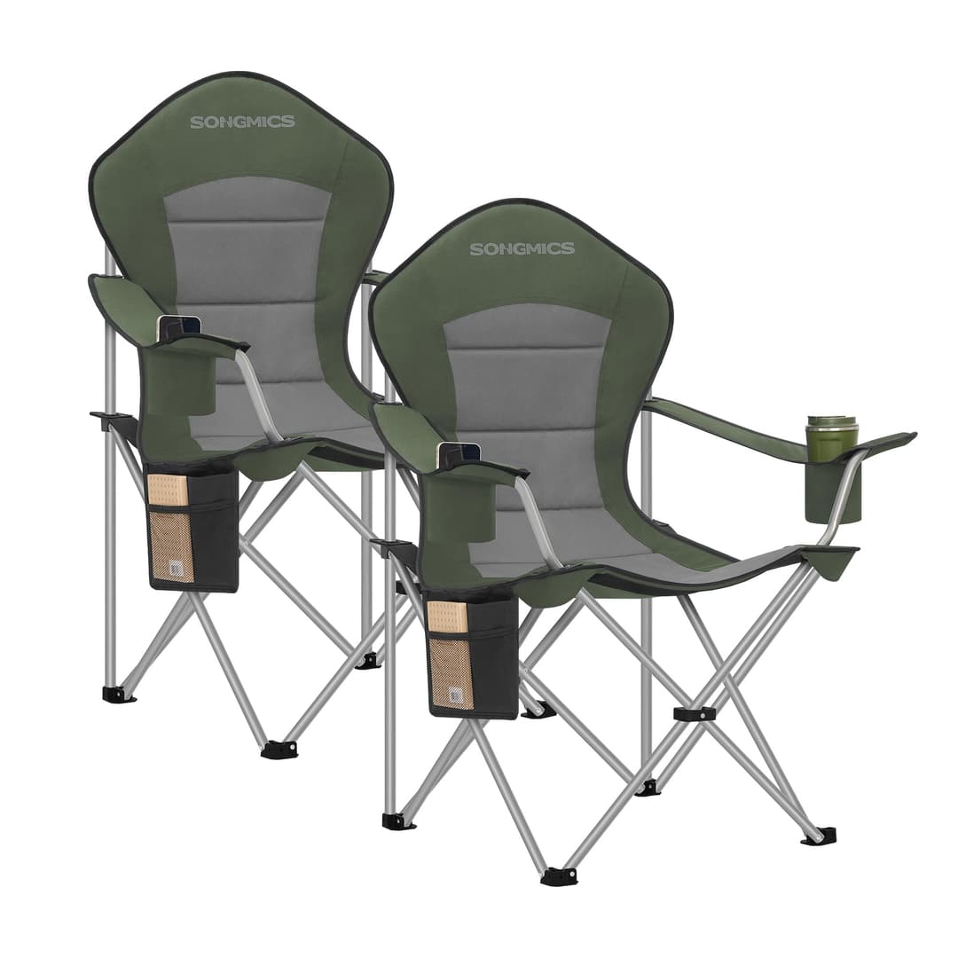 SONGMICS Lot de 2 Chaises Pliantes Camping, Siège Large, Dossier Haut, Chaises de Pêche Portables avec Porte‑Gobelet, Support pour Téléphone, Organiseur en Tissu, Vert et Gris GCB005CD01-2J