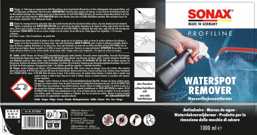 SONAX PROFILINE Waterspot Remover (1-Litre) Cleaner for removing dried lime scale/water stains | Art-Nr. 02753000 - 2