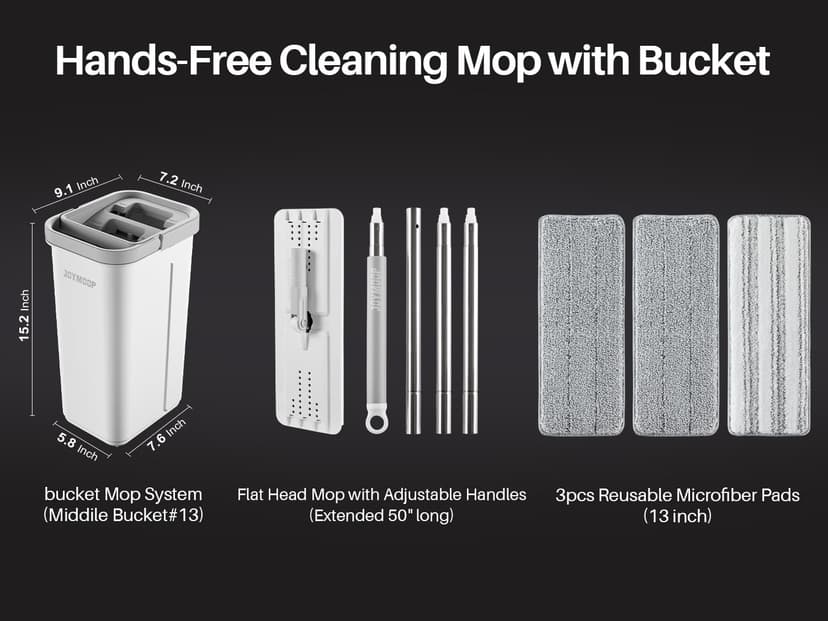 JOYMOOP – Serpillère plate et seau avec essoreur, avec 3 lingettes en microfibre lavables, utilisation humide et sèche, système de nettoyage du sol - 9